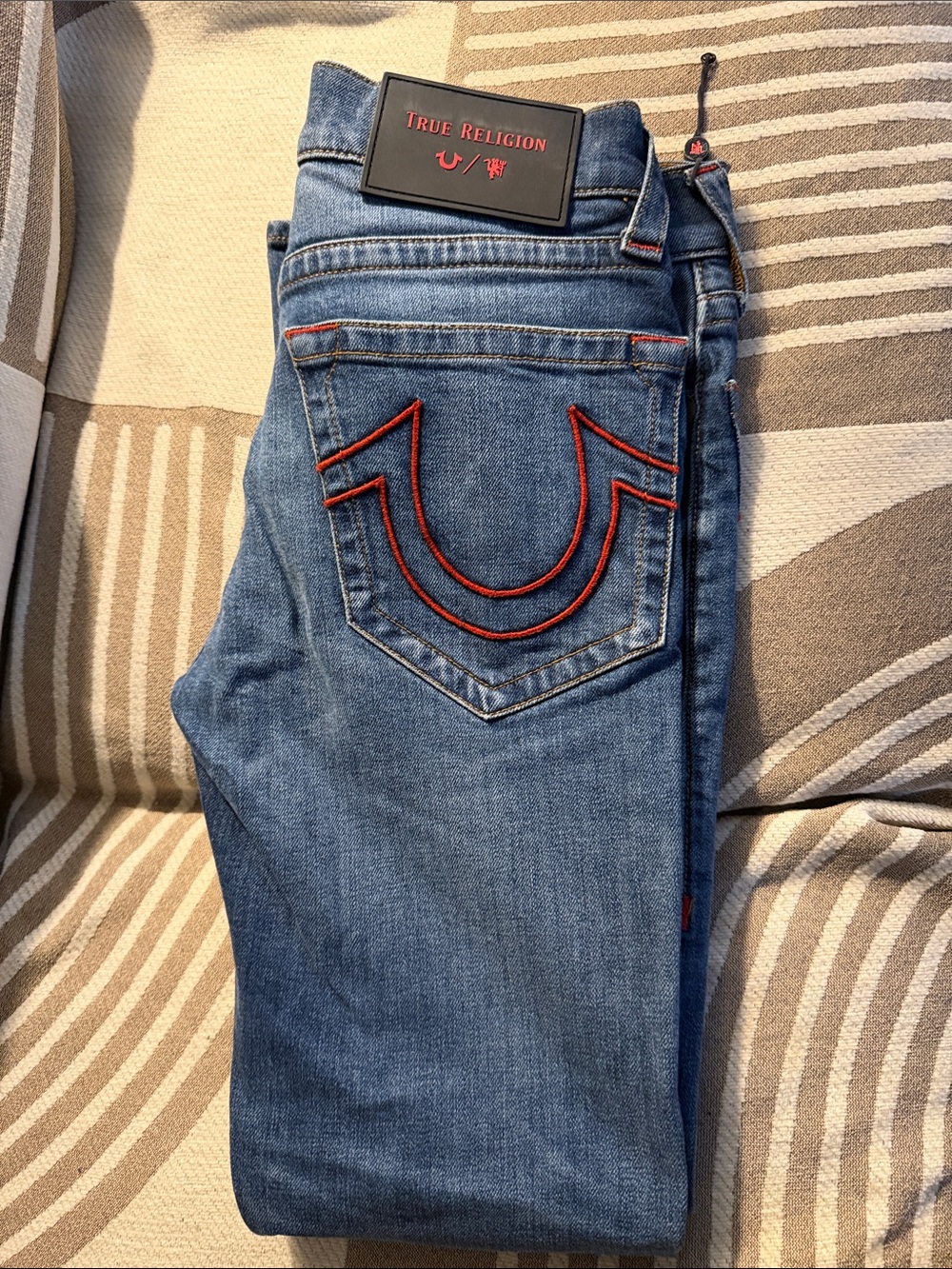 True Religion Women's Skinny Jeans in Medium Blue with Red Accents